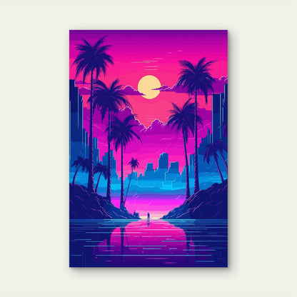 Retro Sunset Palm Trees Ocean 60x90cm Metal Print Ready to Hang