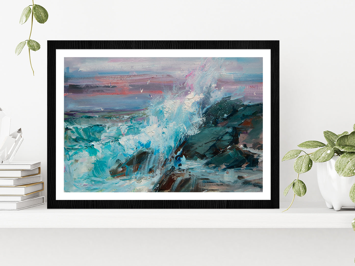 Foam Wave Rocky Sea Glass Framed Wall Art, Ready to Hang Quality Print With White Border Black