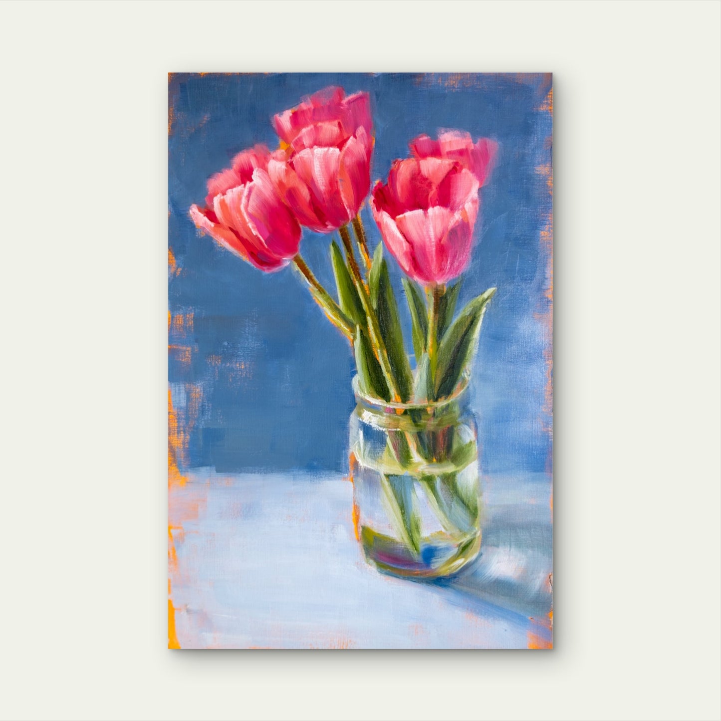 Pink Tulips in Glass Vase Oil Painting 60x90cm Metal Print Ready to Hang