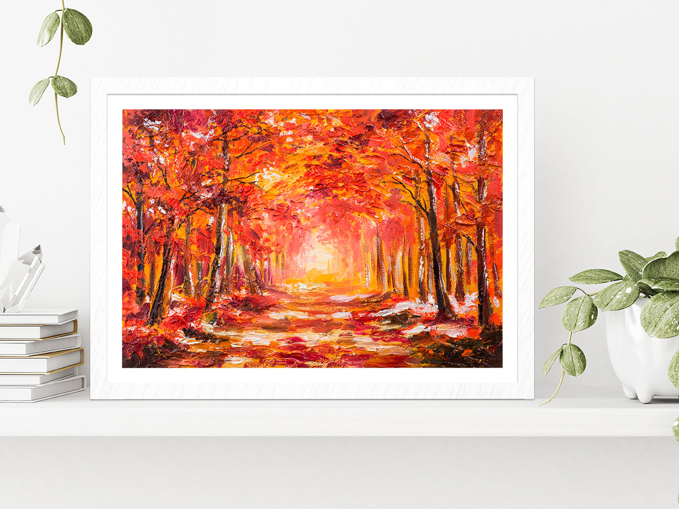 Autumn Forest With Red Trees Glass Framed Wall Art, Ready to Hang Quality Print With White Border White