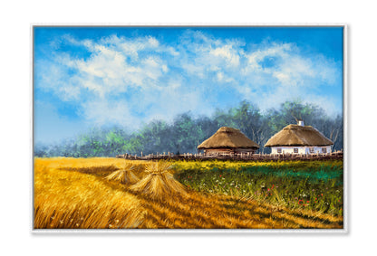 Bales in the Field Houses & Blue Sky Oil Painting Wall Art Limited Edition High Quality Print Canvas Box Framed White