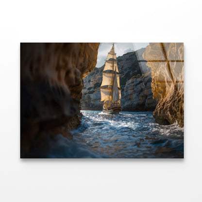 Sailboat Floating In the Water with Sky and Rocks Acrylic Glass Print Tempered Glass Wall Art 100% Made in Australia Ready to Hang - Bella Home Decor