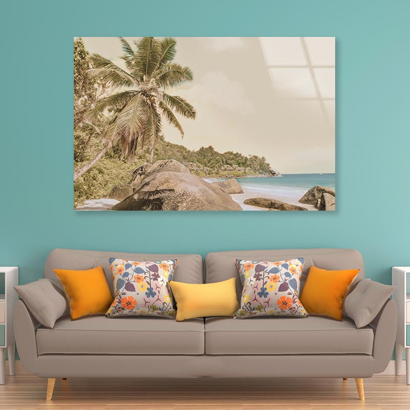 Palm Trees With Beach Acrylic Glass Print Tempered Glass Wall Art 100% Made in Australia Ready to Hang