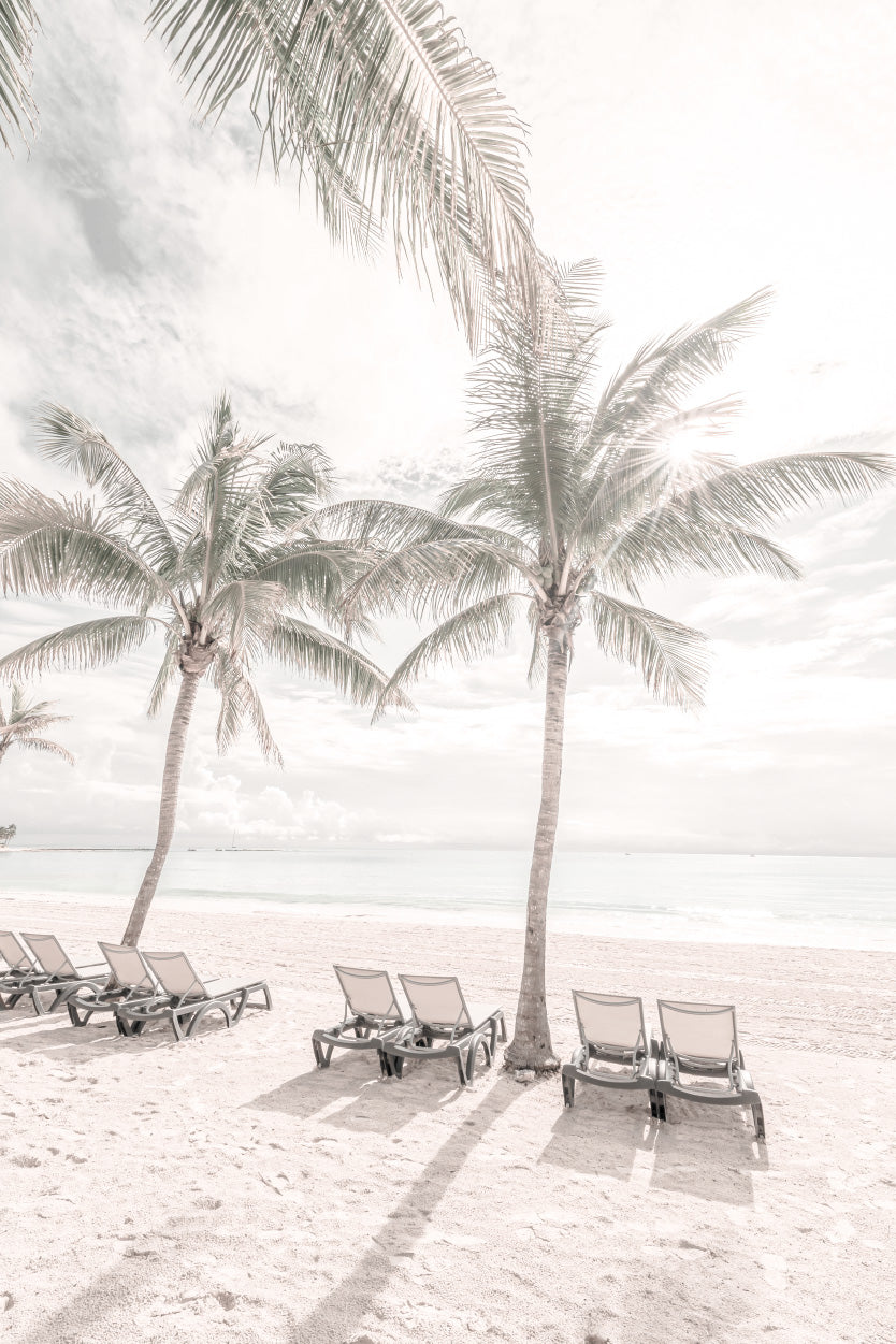 Palm Trees & Beach Chairs near Beach Glass Framed Wall Art, Ready to Hang Quality Print