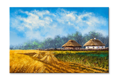 Bales in the Field Houses & Blue Sky Oil Painting Wall Art Limited Edition High Quality Print Stretched Canvas None