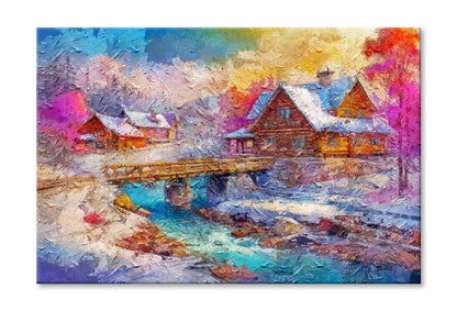 Winter Snow, Country Landscape. Log Houses. Bridge Over the River Wall Art Limited Edition High Quality Print