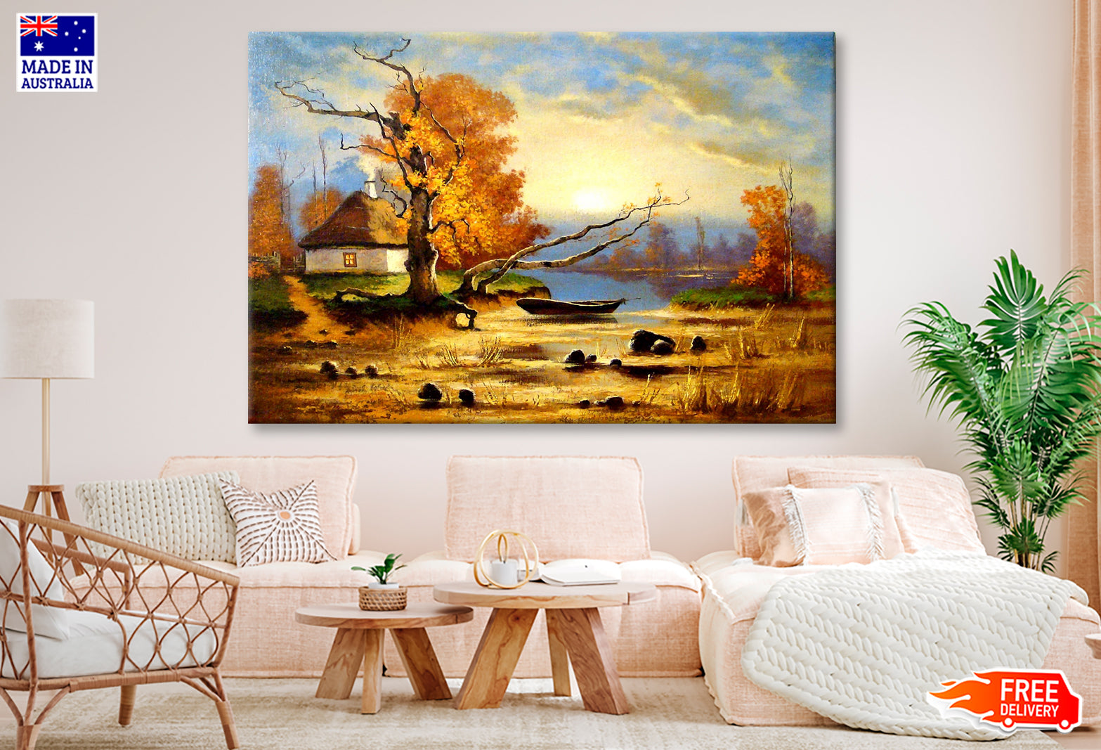 Village House & Dead Tree near River Oil Painting Wall Art Limited Edition High Quality Print