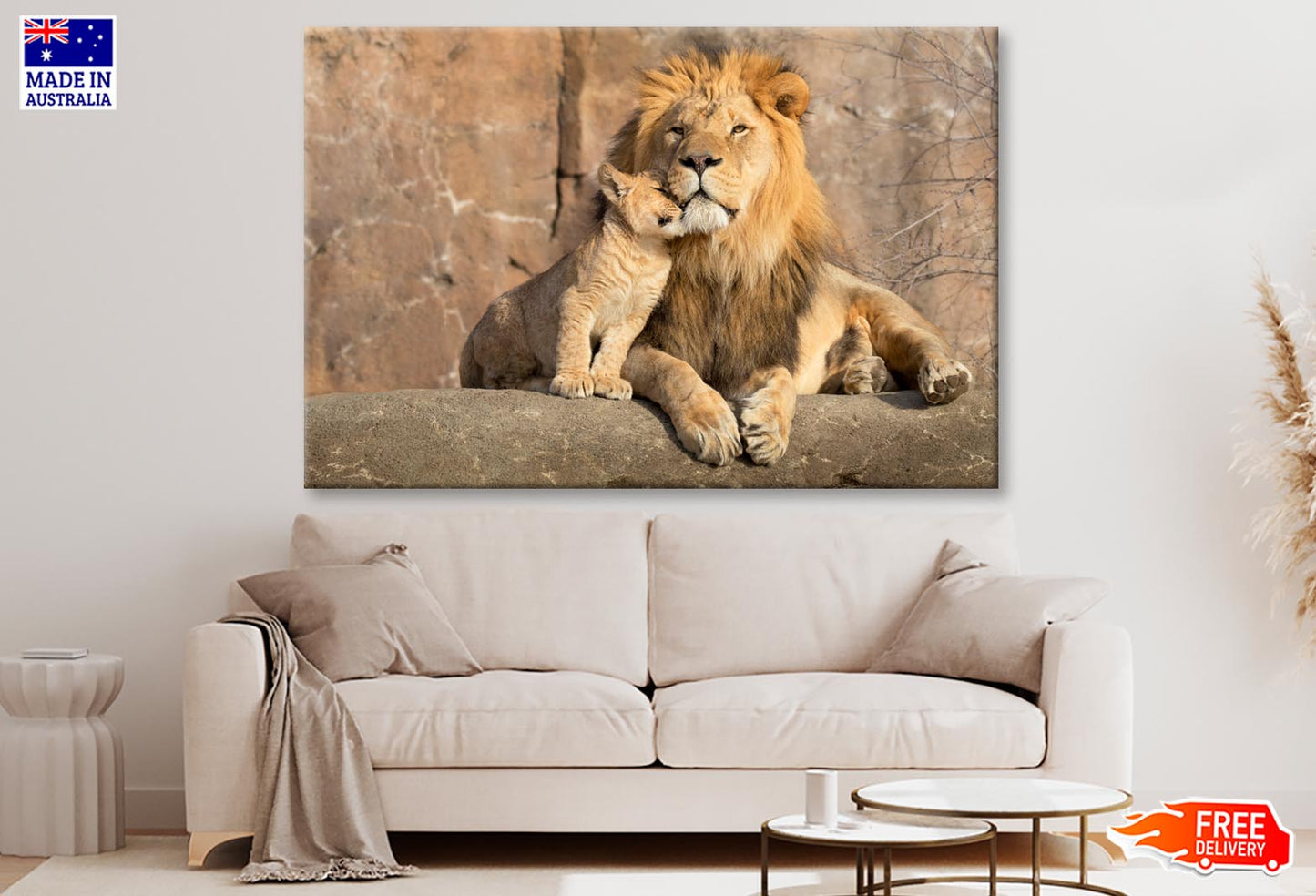 Male African Lion Is Cuddled by His Cub Wall Art Decor 100% Australian Made