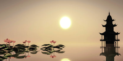 Zen Pagoda Sunset Lotus Water Wall Art Canvas Office Home Room Framed 120x60cm - Bella Home Decor