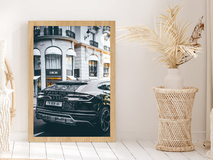 Lamborghini near Fashion Store Photograph Glass Framed Wall Art, Ready to Hang Quality Print Without White Border Oak