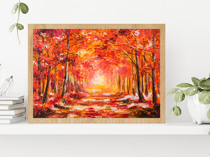 Autumn Forest With Red Trees Glass Framed Wall Art, Ready to Hang Quality Print Without White Border Oak