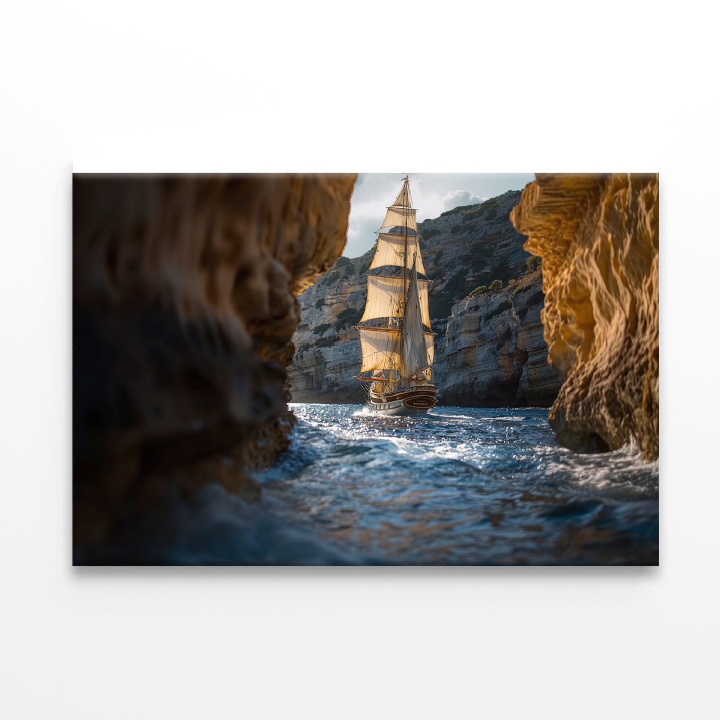 Sailboat Floating In the Water with Sky and Rocks Print 100% Australian Made - Bella Home Decor