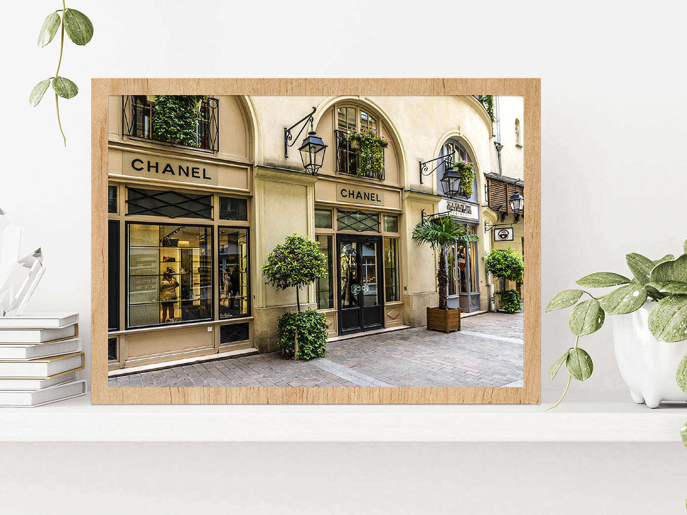 Tree Plants near Fashion Store Madeleine Glass Framed Wall Art, Ready to Hang Quality Print Without White Border Oak