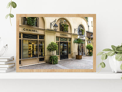 Tree Plants near Fashion Store Madeleine Glass Framed Wall Art, Ready to Hang Quality Print Without White Border Oak