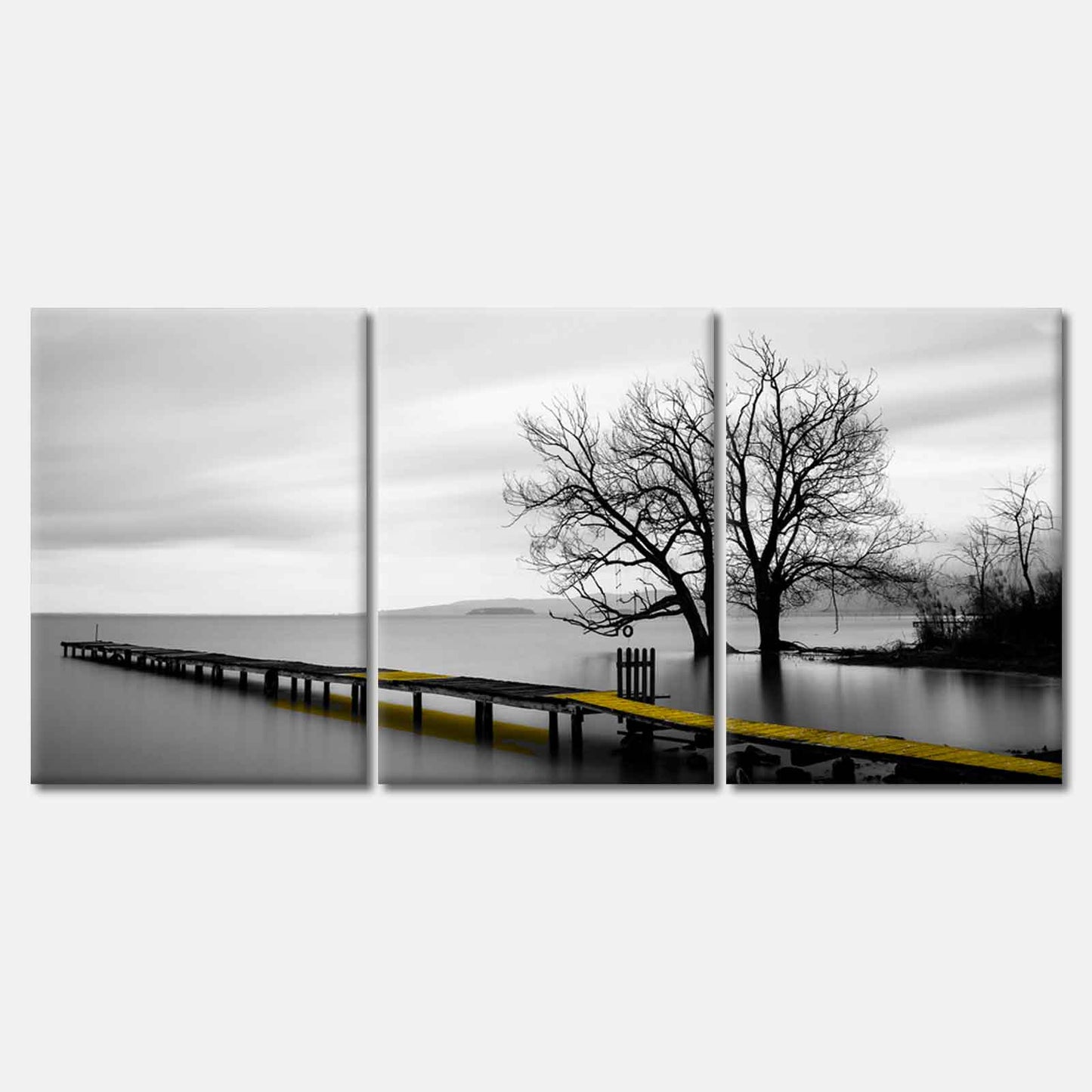 3 Set of Yellow Wooden Pier Lake High Quality Print 100% Australian Made Wall Canvas Ready to Hang