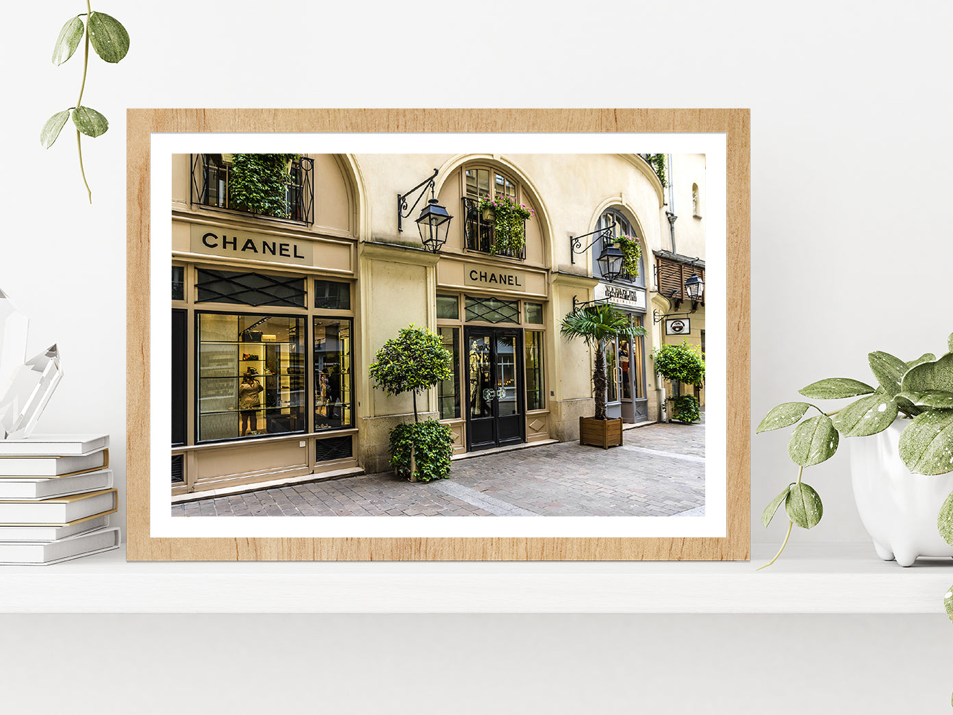 Tree Plants near Fashion Store Madeleine Glass Framed Wall Art, Ready to Hang Quality Print With White Border Oak