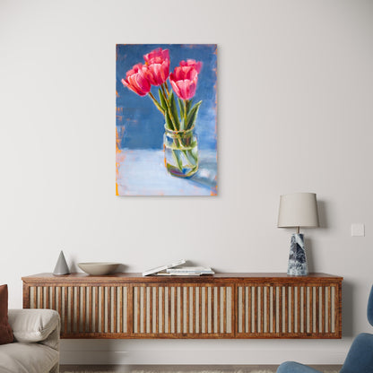 Pink Tulips in Glass Vase Oil Painting 40x60cm Metal Print Ready to Hang