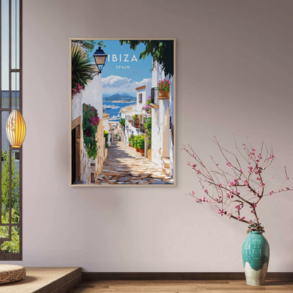Spain Ibiza Vibrant Street Scene with Blue Sky & Ocean Travel Poster Print Wall Art