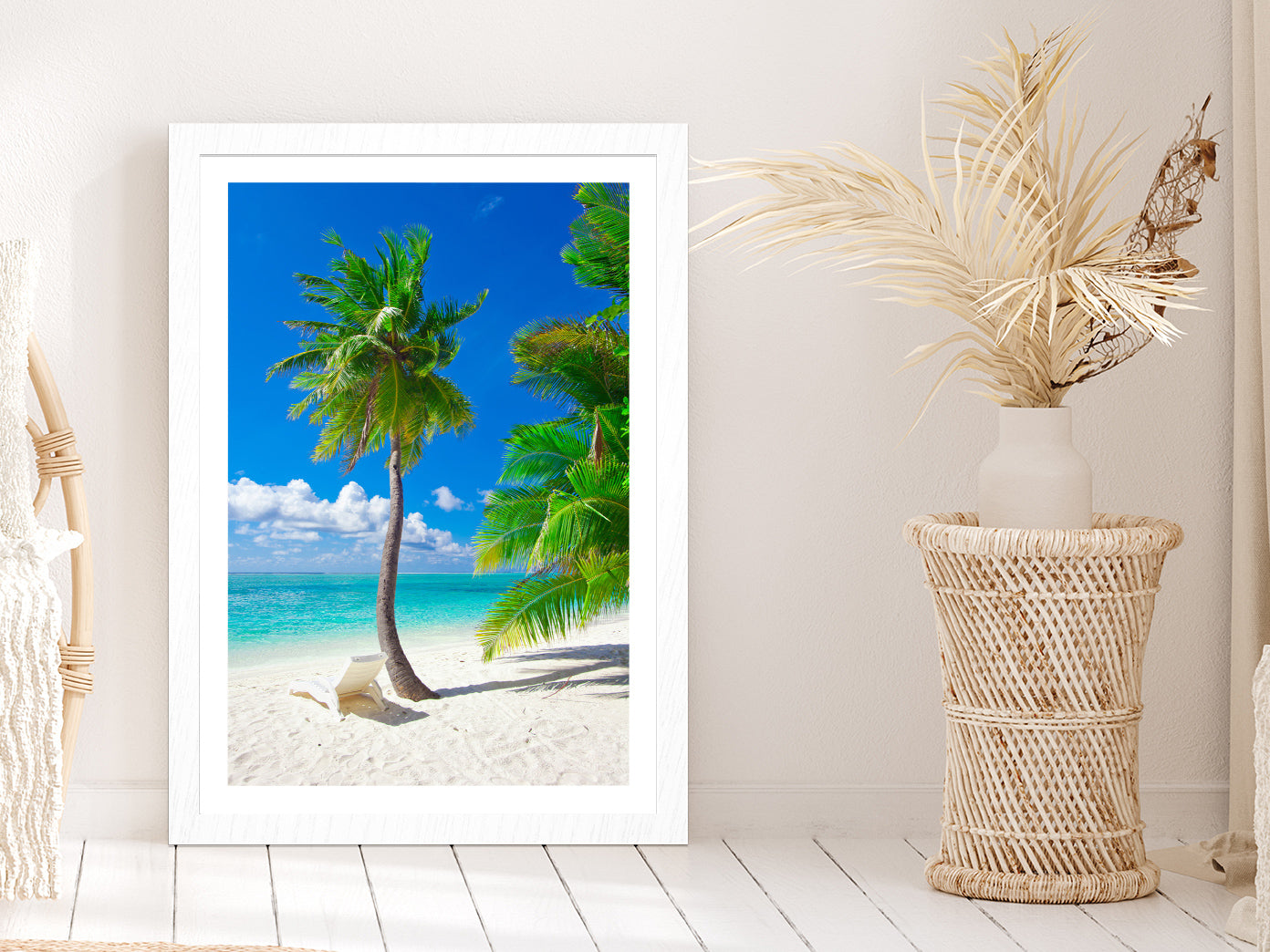 Palm Tree & Chair in Paradise Beach Photograph Glass Framed Wall Art, Ready to Hang Quality Print With White Border White