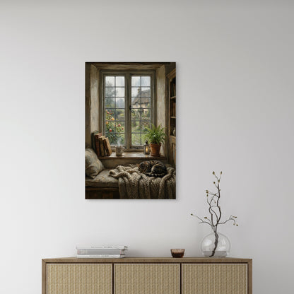 Cozy Cat Rainy Window Cottage Garden 40x60cm Metal Print Ready to Hang