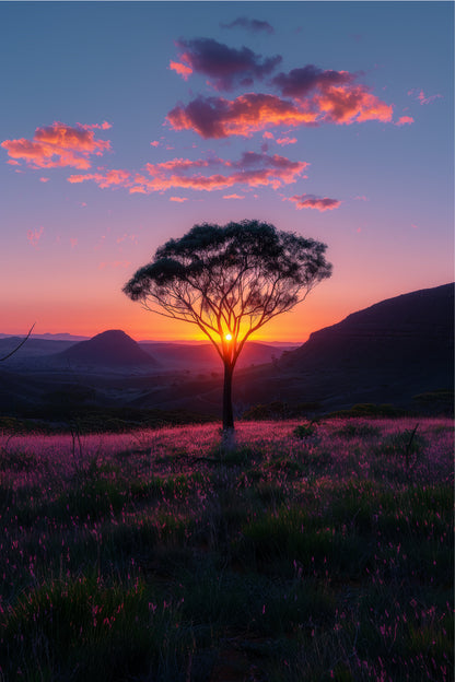 Vibrant Sunset with Tree in Desert 40x60cm Metal Print Ready to Hang