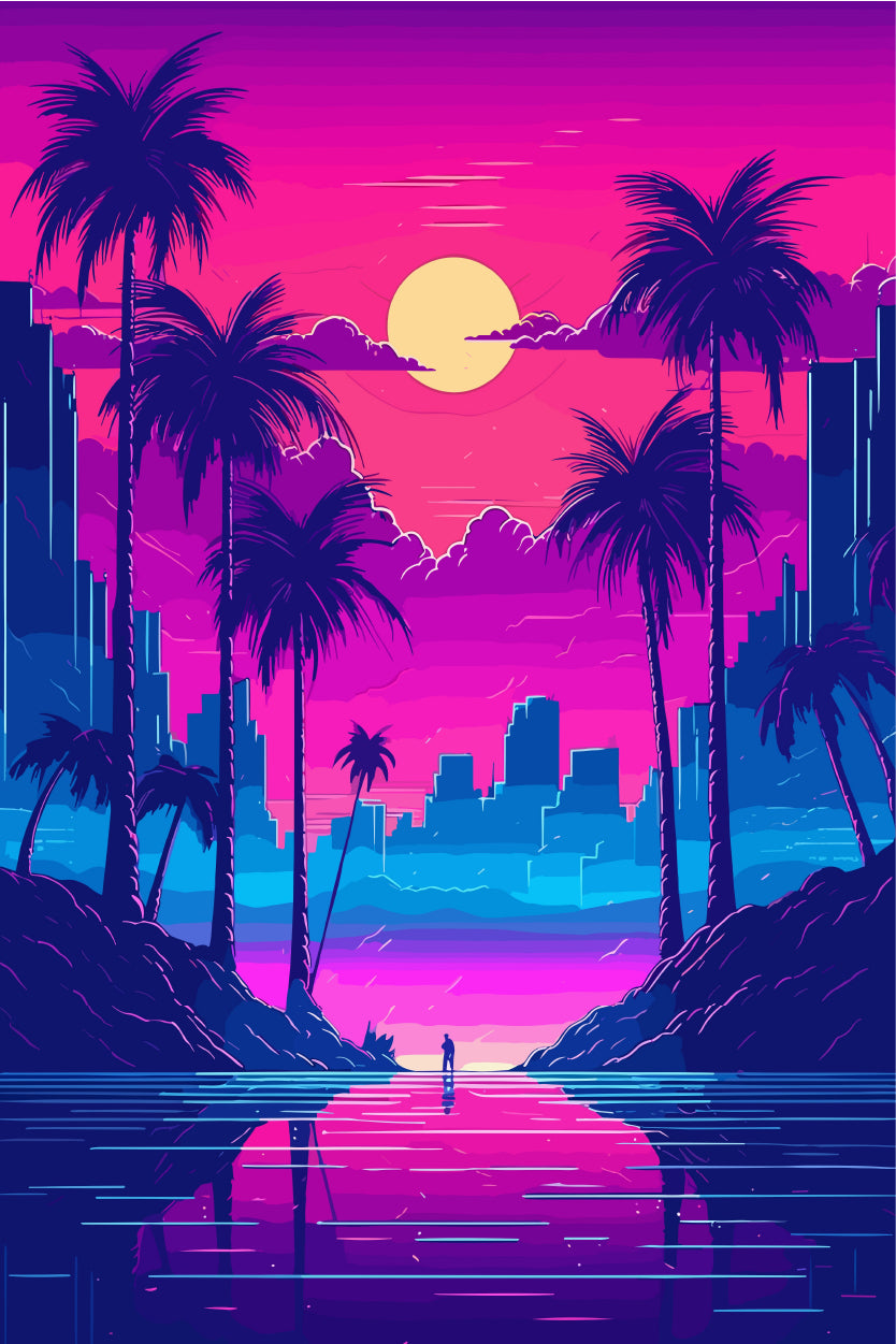 Retro Sunset Palm Trees Ocean 60x90cm Metal Print Ready to Hang