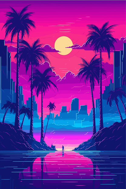 Retro Sunset Palm Trees Ocean 60x90cm Metal Print Ready to Hang