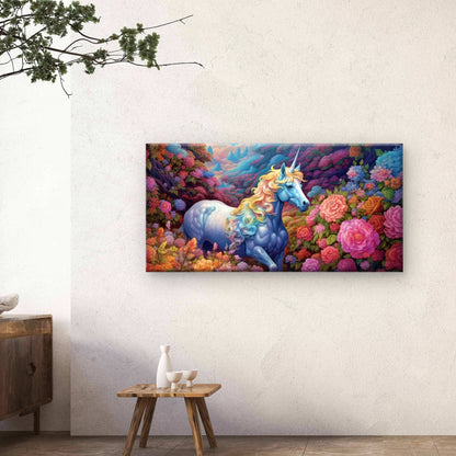 Rainbow Unicorn Floral Forest Fantasy Meadow Wall Art Canvas Office Home Framed 120x60cm