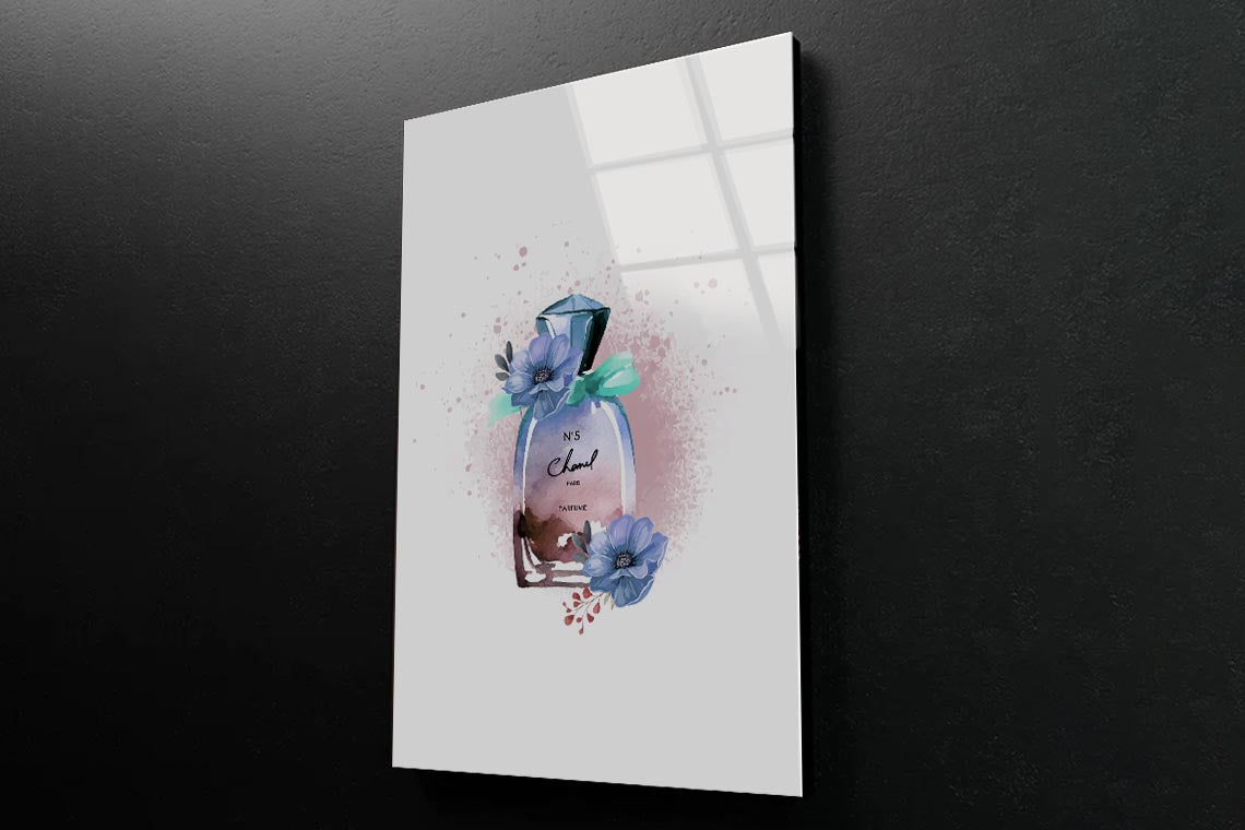 Perfume With Blue Flowers 3D Design Acrylic Glass Print Tempered Glass Wall Art 100% Made in Australia Ready to Hang