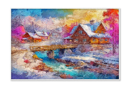 Winter Snow, Country Landscape. Log Houses. Bridge Over the River Wall Art Limited Edition High Quality Print