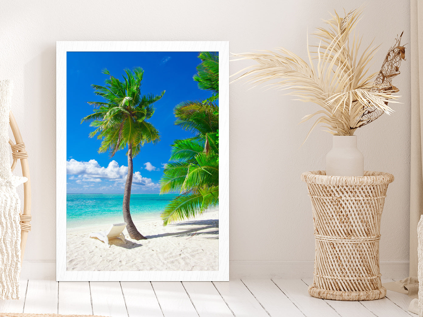 Palm Tree & Chair in Paradise Beach Photograph Glass Framed Wall Art, Ready to Hang Quality Print Without White Border White