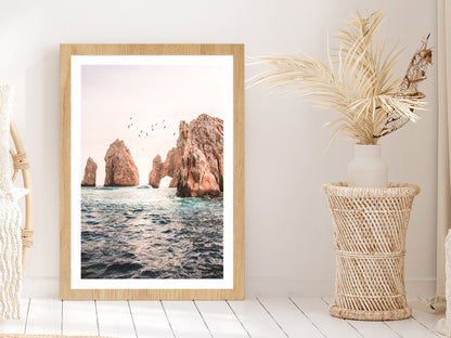 Rocks on Sea Faded View Photograph Glass Framed Wall Art, Ready to Hang Quality Print With White Border Oak