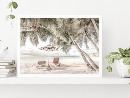 Beach Hut & Palm Trees near Sand Beach Photograph Glass Framed Wall Art, Ready to Hang Quality Print Without White Border White