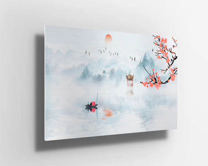 Japanese blue watercolor cherry blossom mountains UV Direct Aluminum Print Australian Made Quality