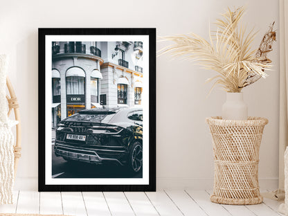 Lamborghini near Fashion Store Photograph Glass Framed Wall Art, Ready to Hang Quality Print With White Border Black