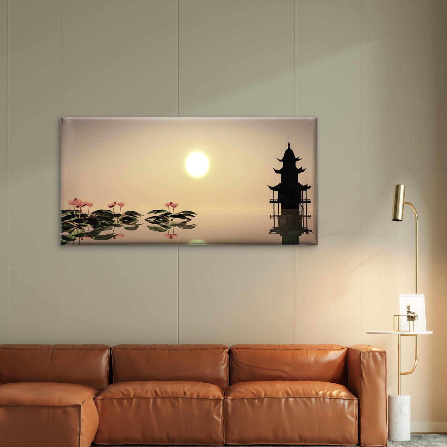 Zen Pagoda Sunset Lotus Water Wall Art Canvas Office Home Room Framed 120x60cm - Bella Home Decor