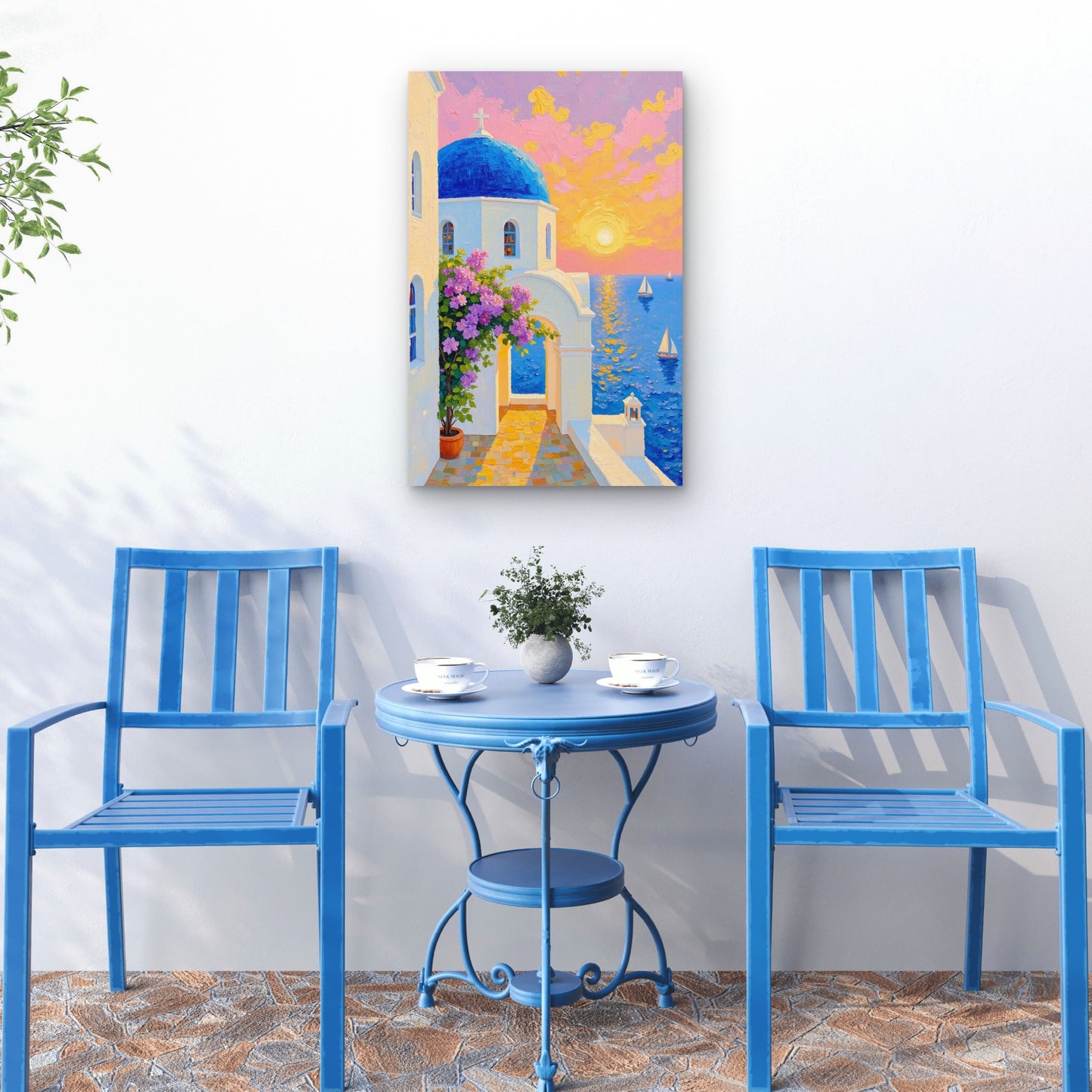 Santorini Church Sea Sailboats 40x60cm Metal Print Ready to Hang