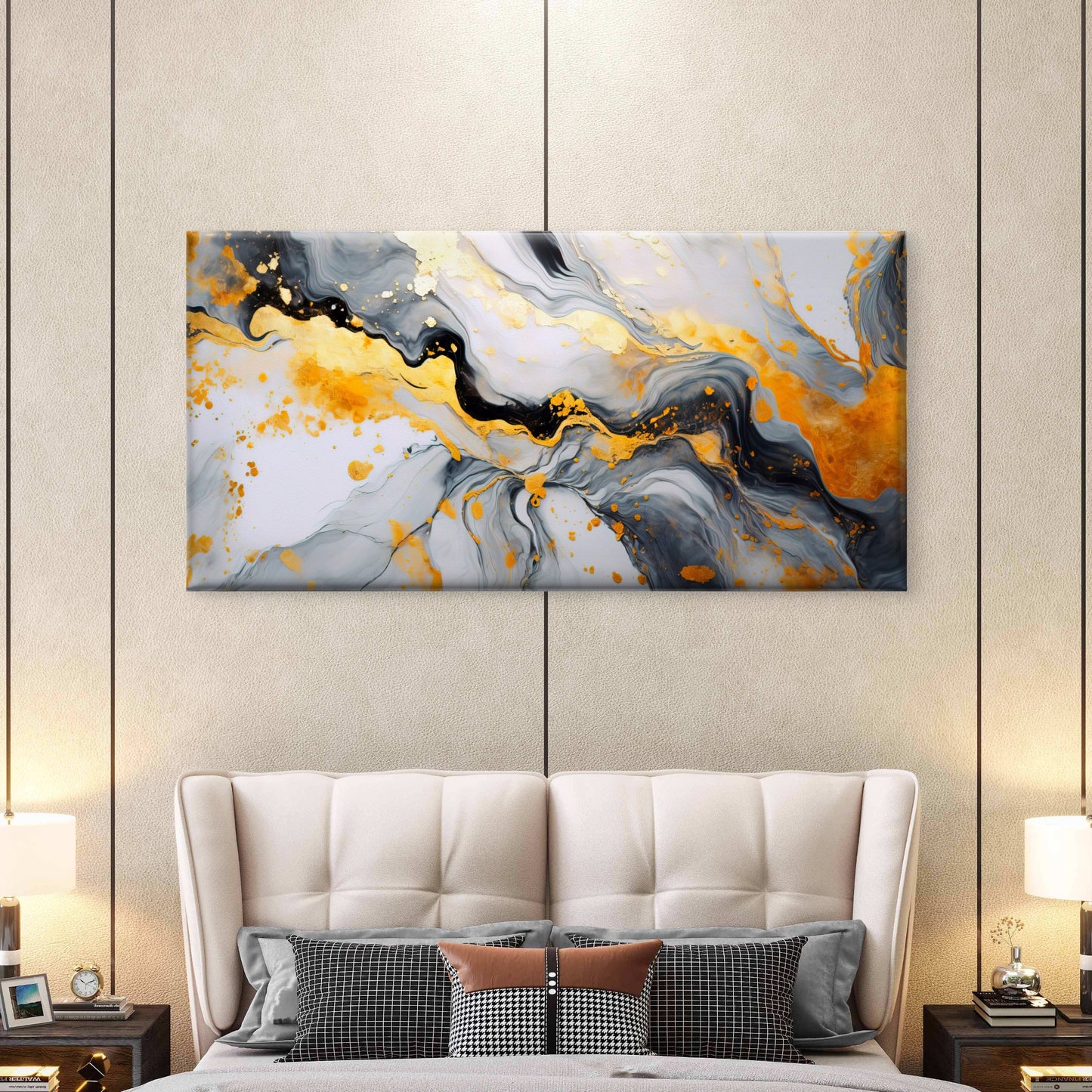 Gold White Marble Texture Wall Art Canvas Office Home Room Framed 120x60cm - Bella Home Decor