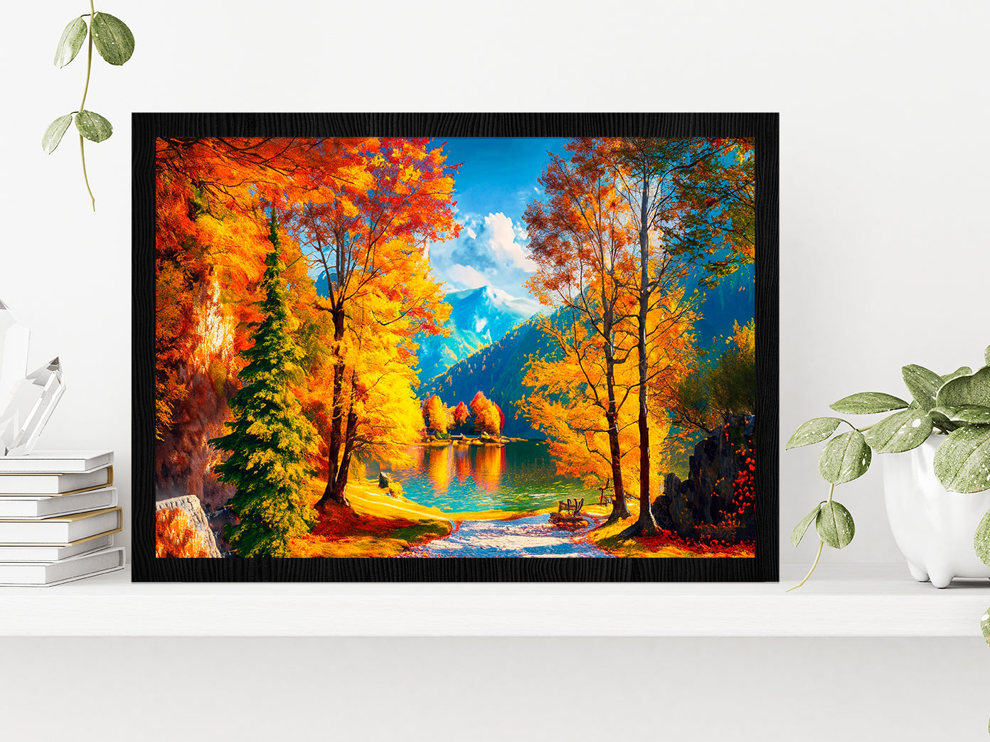 Reflection Of Autumn Trees In Water, Autumn Lake Glass Framed Wall Art, Ready to Hang Quality Print Without White Border Black