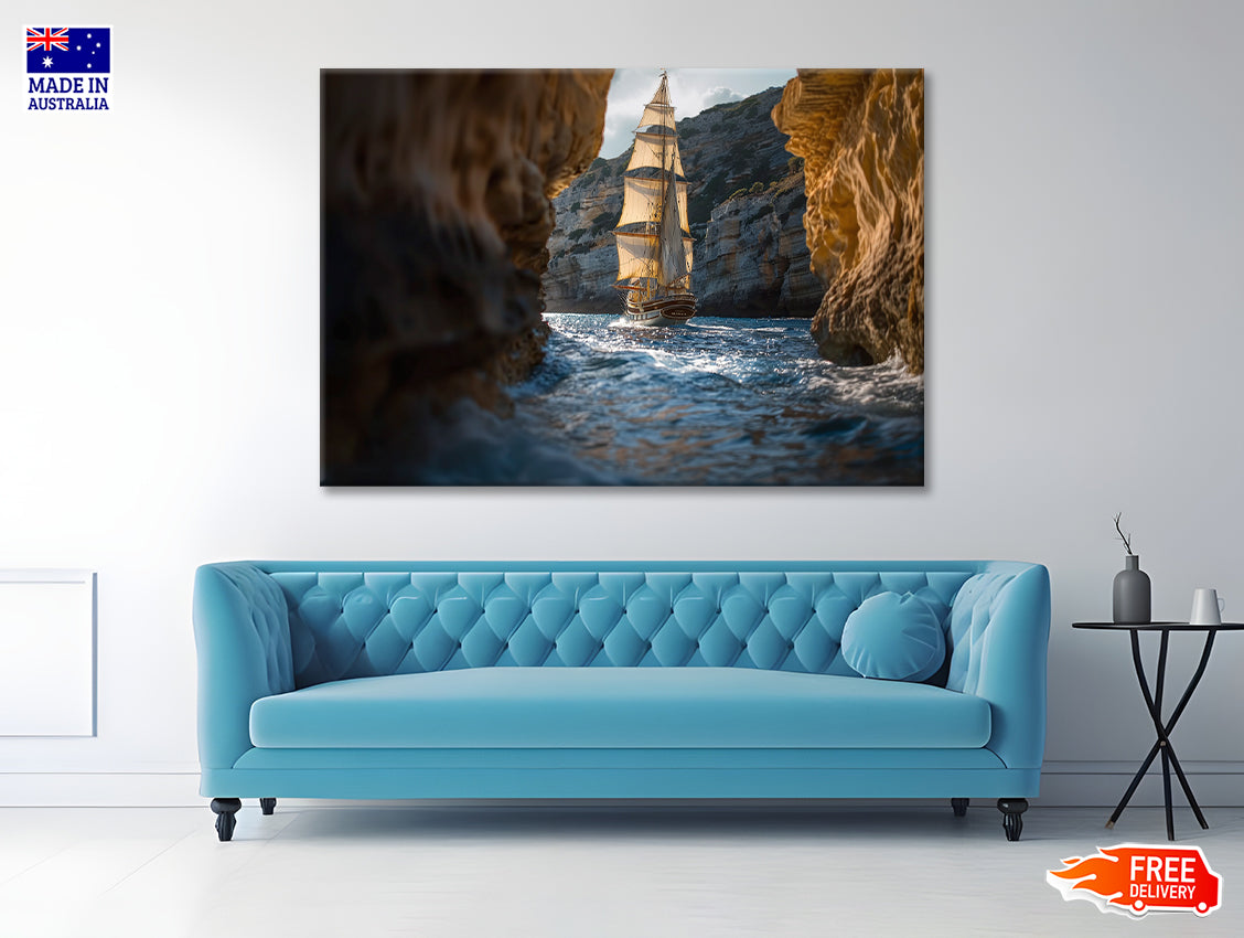 Sailboat Floating In the Water with Sky and Rocks Print 100% Australian Made - Bella Home Decor