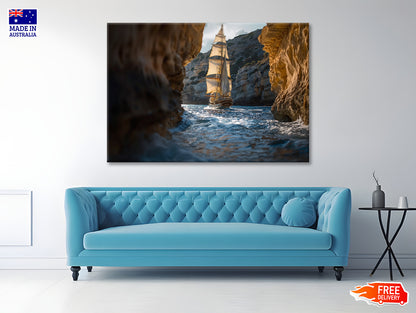 Sailboat Floating In the Water with Sky and Rocks Print 100% Australian Made - Bella Home Decor