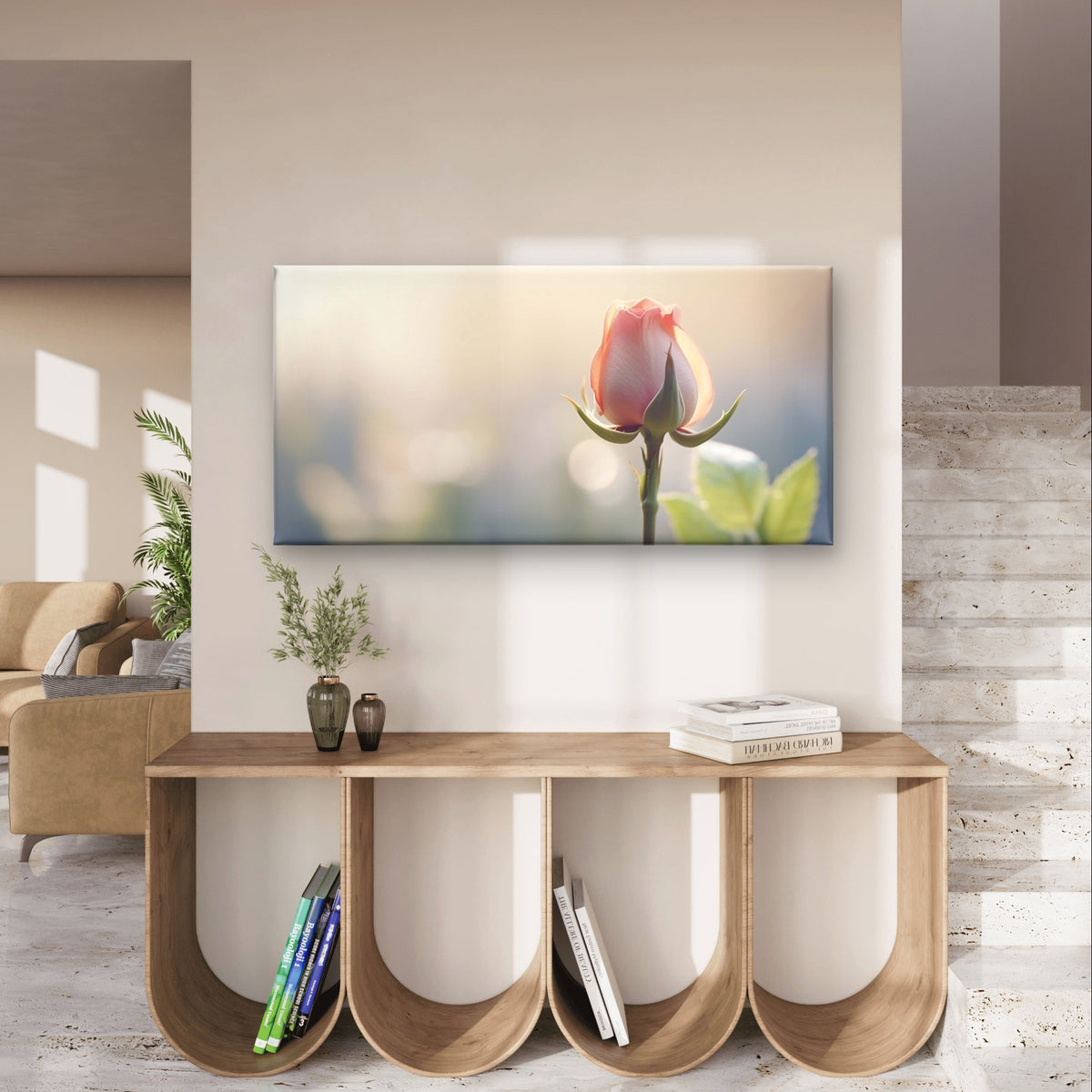 Soft Pink Rose Bud Macro Photography Bokeh Light Wall Art Canvas Office Home Framed 120x60cm - Bella Home Decor