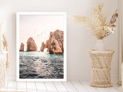 Rocks on Sea Faded View Photograph Glass Framed Wall Art, Ready to Hang Quality Print Without White Border White