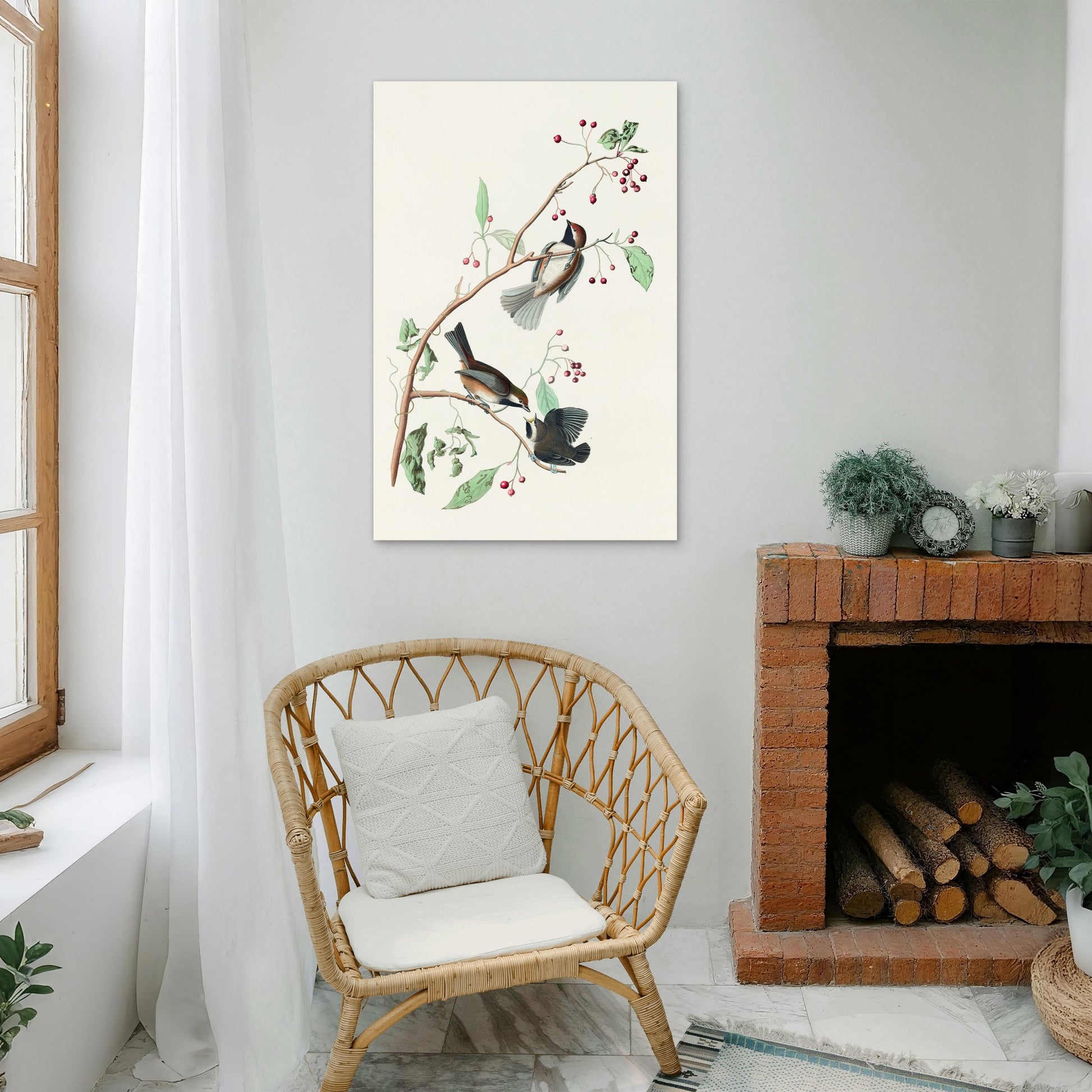 Songbirds on Red Berry Branch 60x90cm Metal Print Ready to Hang - Bella Home Decor