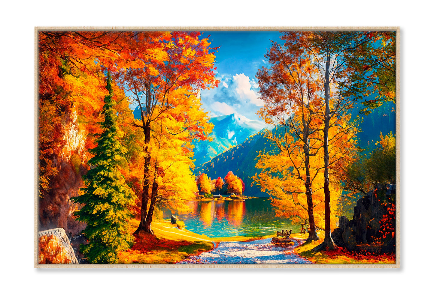 Reflection Of Autumn Trees In Water, Autumn Lake Oil Painting Limited Edition High Quality Print Canvas Box Framed Natural