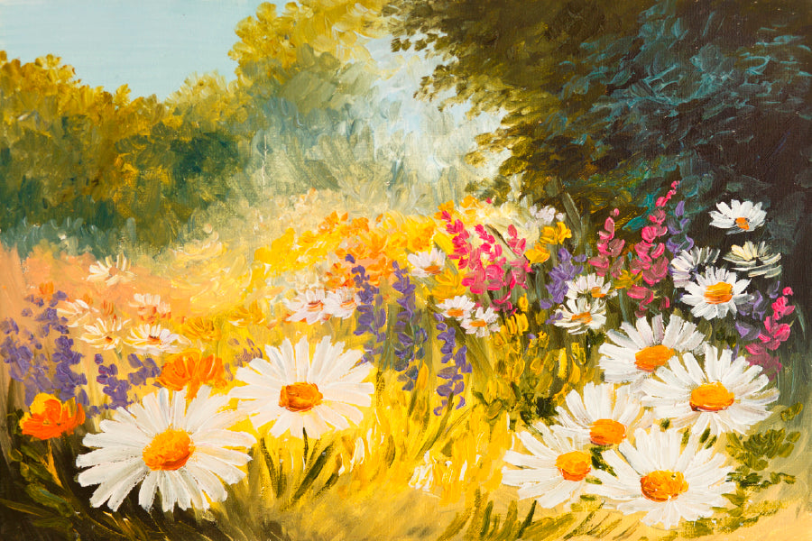 Field Of Daisies Oil Painting Glass Framed Wall Art, Ready to Hang Quality Print