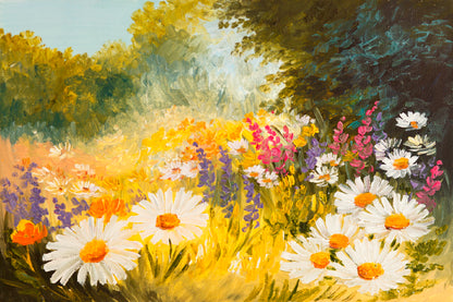 Field Of Daisies Oil Painting Glass Framed Wall Art, Ready to Hang Quality Print