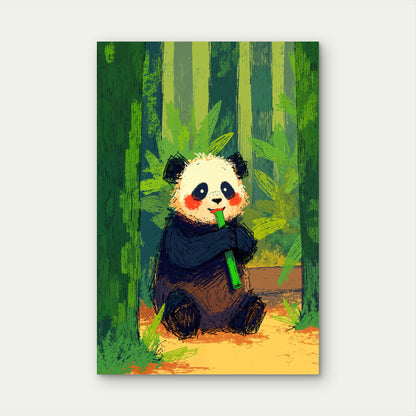 Cute Cartoon Panda Eating Bamboo 40x60cm Metal Print Ready to Hang