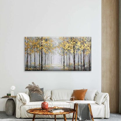 Golden Trees in a Misty Forest Wall Art Canvas Office Home Room Framed 120x60cm