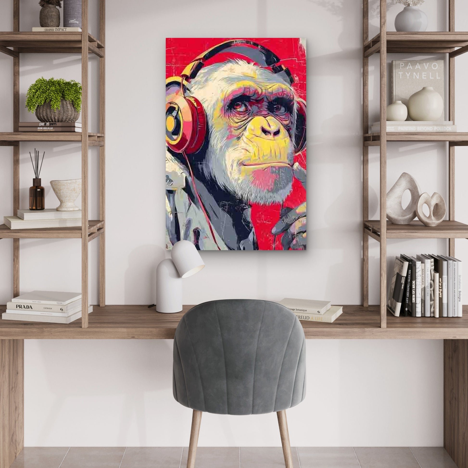 Pop Art Monkey with Headphones 60x90cm Metal Print Ready to Hang - Bella Home Decor